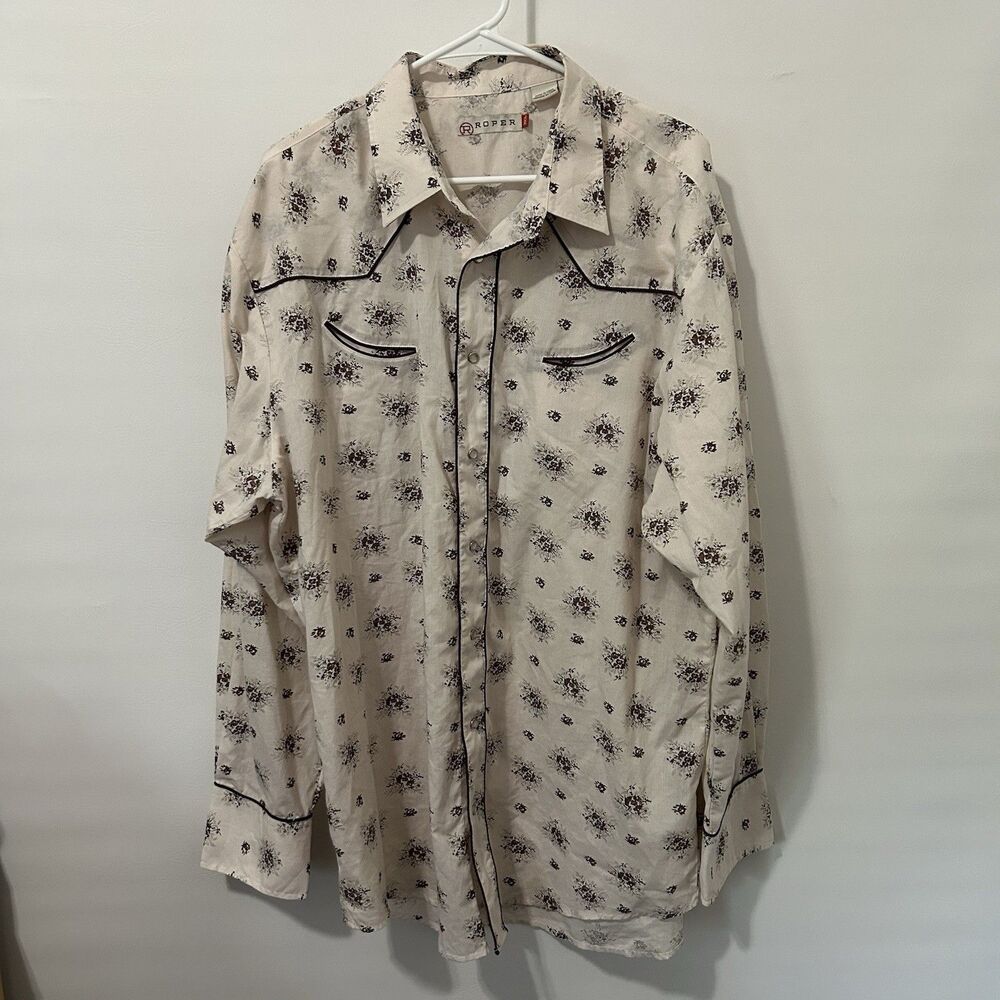 Roper Western Shirt Mens 2XL Cream Brown Floral Pearl Snap Long Sleeve Cowboy